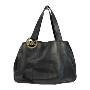 Michael Kors Black Pebbled Leather Tote Bag Gold MK Medallion Shoulder Purse